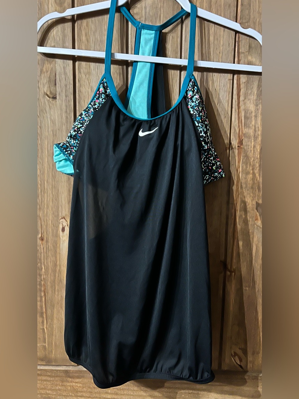 Nike Black Tankini swim top with Teal Trim and Floral Accent